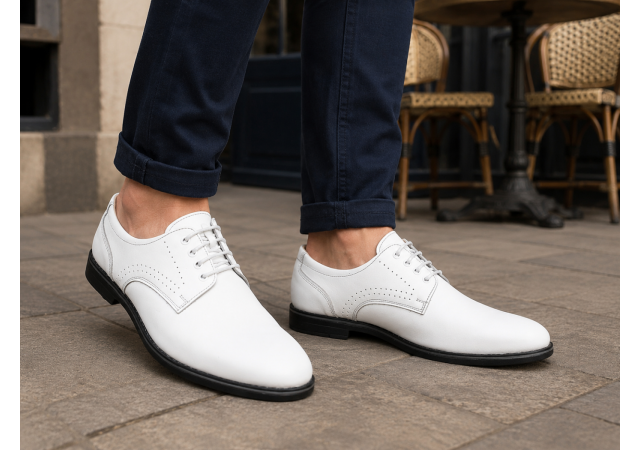 Pantofi Derby bărbați albi din piele naturală cu talpă neagră GKR103AB
